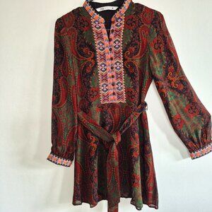 ZARA Jacquard Ribbon Dress , Long Sleeve Midi, Deep Green & Burgundy , Boho XS